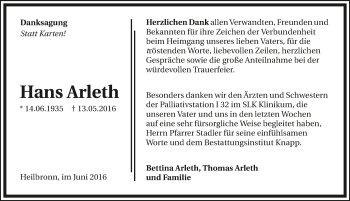 Traueranzeige von Hans Arleth 