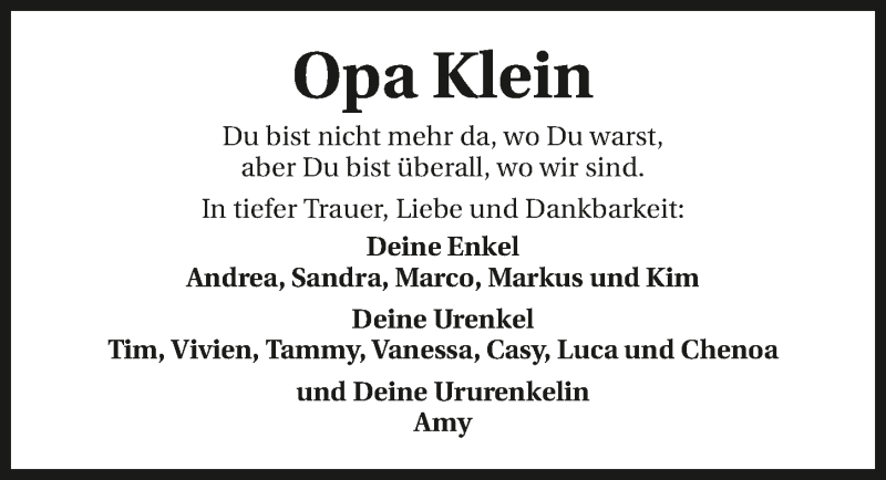  Traueranzeige für Opa Klein  vom 29.06.2016 aus 