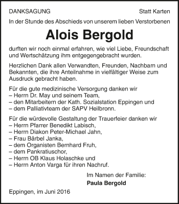 Traueranzeige von Alois Bergold 