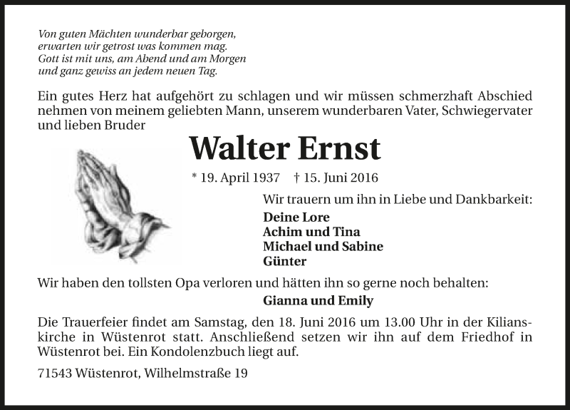  Traueranzeige für Walter Ernst vom 17.06.2016 aus 