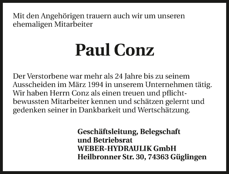  Traueranzeige für Paul Conz vom 16.06.2016 aus 