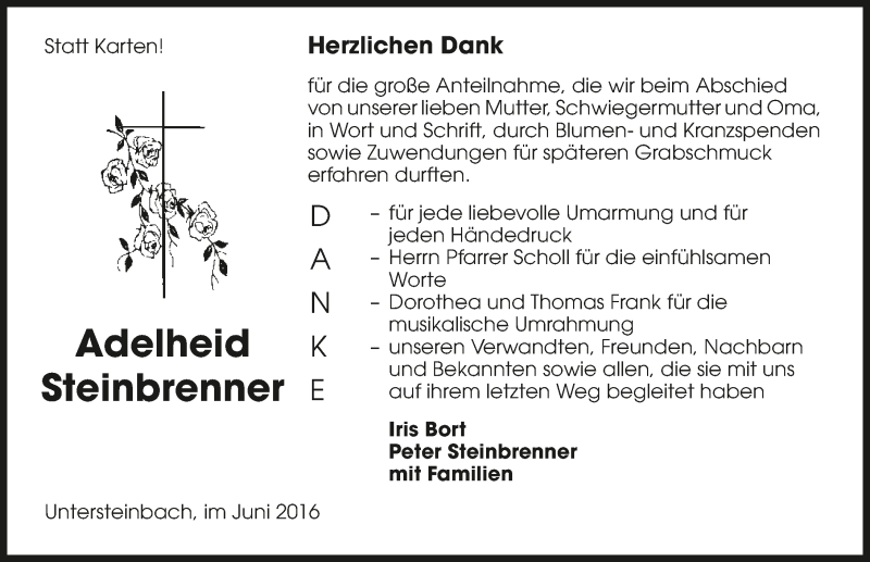  Traueranzeige für Adelheid Steinbrenner vom 25.06.2016 aus 