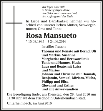 Traueranzeige von Rosa Mansueto 