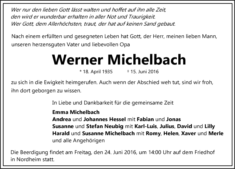  Traueranzeige für Werner Michelbach vom 18.06.2016 aus 