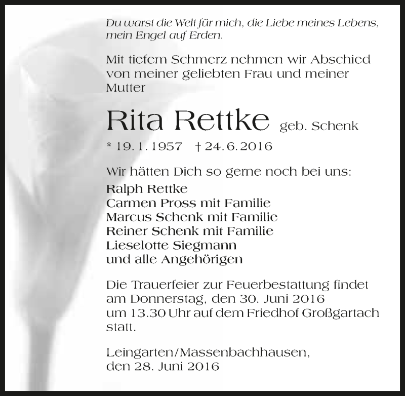  Traueranzeige für Rita Rettke vom 28.06.2016 aus 