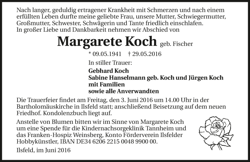  Traueranzeige für Margarete Koch vom 01.06.2016 aus 