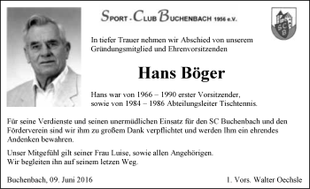 Traueranzeige von Hans Böger 