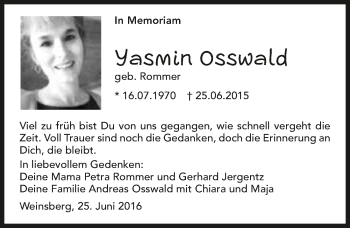 Traueranzeige von Yasmin Osswald 