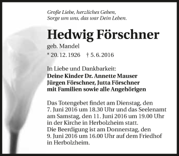 Traueranzeige von Hedwig Förschner 