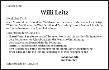 Traueranzeige von Willi Leitz 