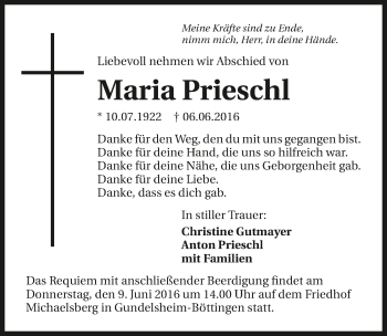 Traueranzeige von Maria Prieschl 