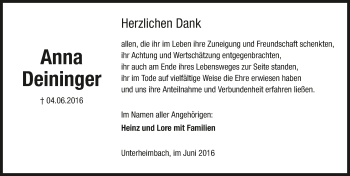 Traueranzeige von Anna Deininger 