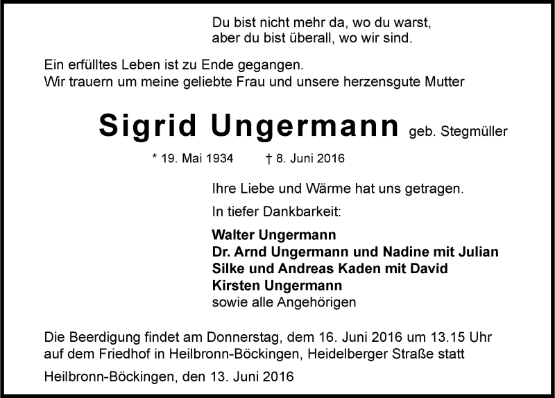  Traueranzeige für Sigrid Ungermann vom 13.06.2016 aus 