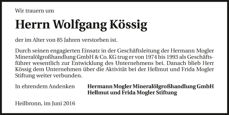  Traueranzeige für Wolfgang Kössig vom 25.06.2016 aus 