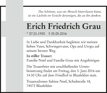 Traueranzeige von Erich Friedrich Grau 