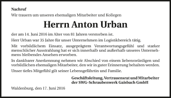 Traueranzeige von Anton Urban 