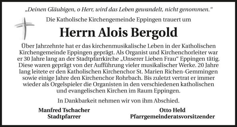  Traueranzeige für Alois Bergold vom 04.06.2016 aus 