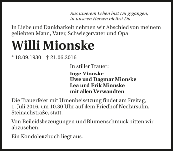 Traueranzeige von Willi Mionske 