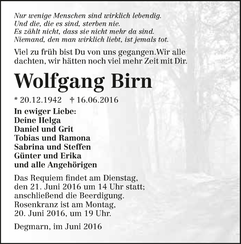  Traueranzeige für Wolfgang Birn vom 18.06.2016 aus 