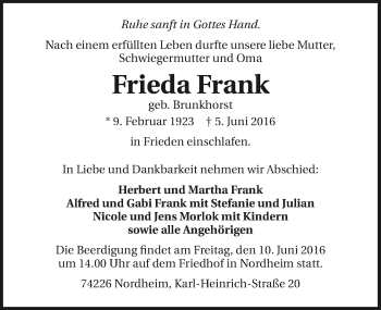 Traueranzeige von Frieda Frank 