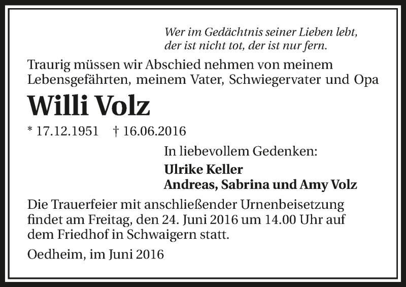  Traueranzeige für Willi Volz vom 23.06.2016 aus 