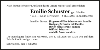 Traueranzeige von Emilie Schuster 