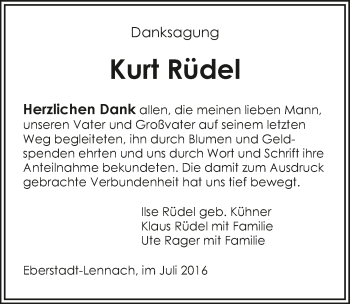 Traueranzeige von Kurt Rüdel 