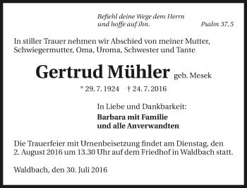 Traueranzeige von Gertrud Mühler 