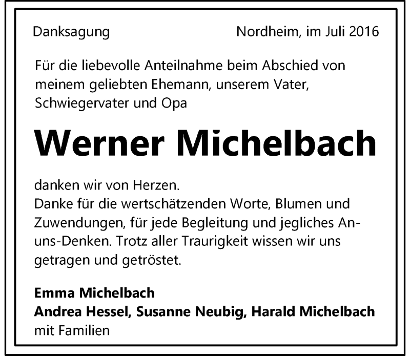  Traueranzeige für Werner Michelbach vom 07.07.2016 aus 