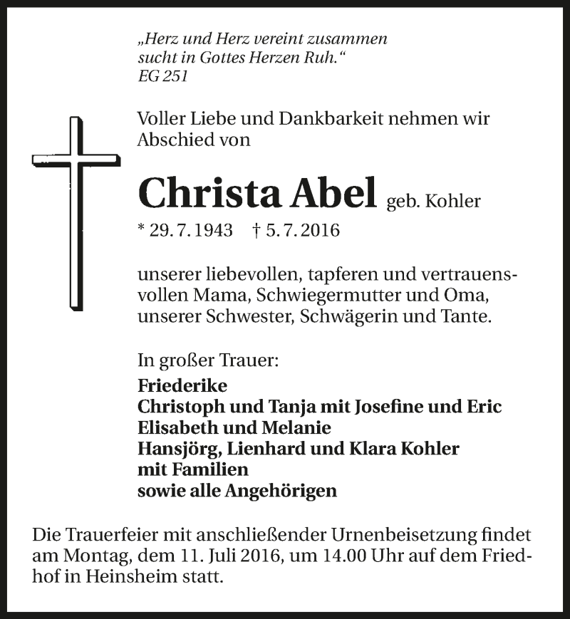  Traueranzeige für Christa Abel vom 09.07.2016 aus 