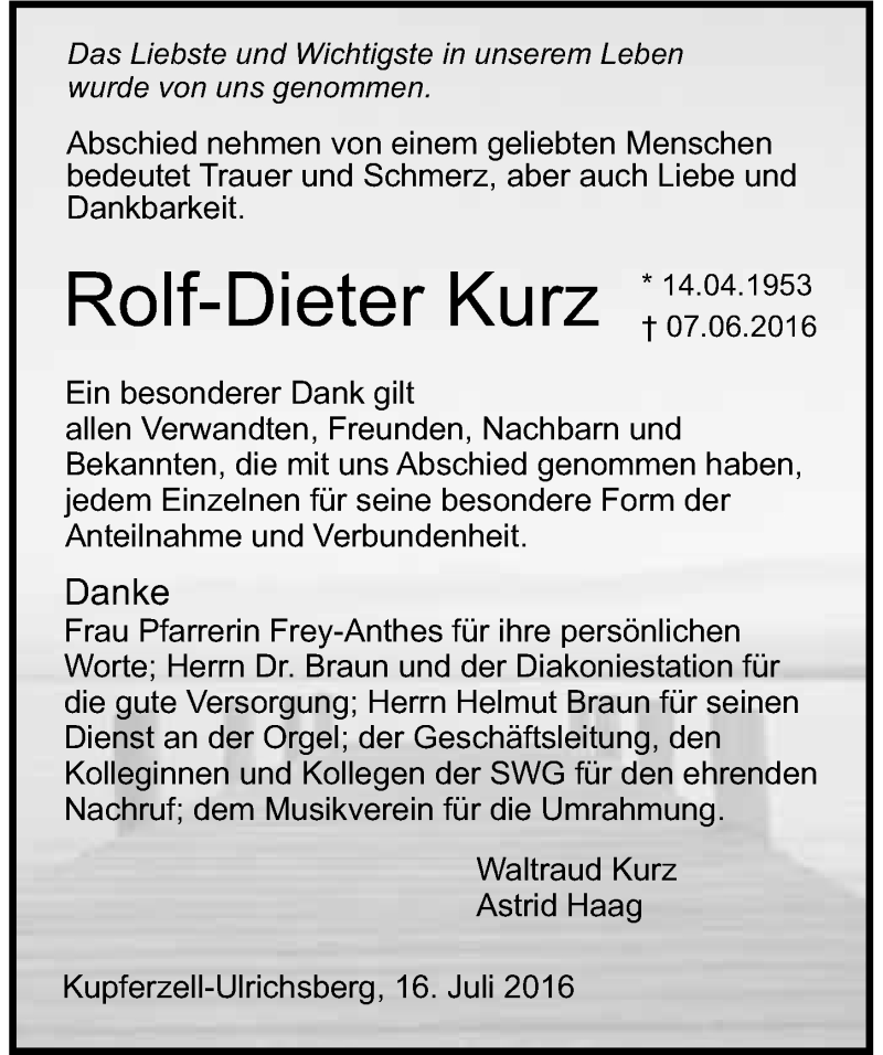  Traueranzeige für Rolf-Dieter Kurz vom 16.07.2016 aus 