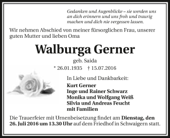 Traueranzeige von Walburga Gerner 