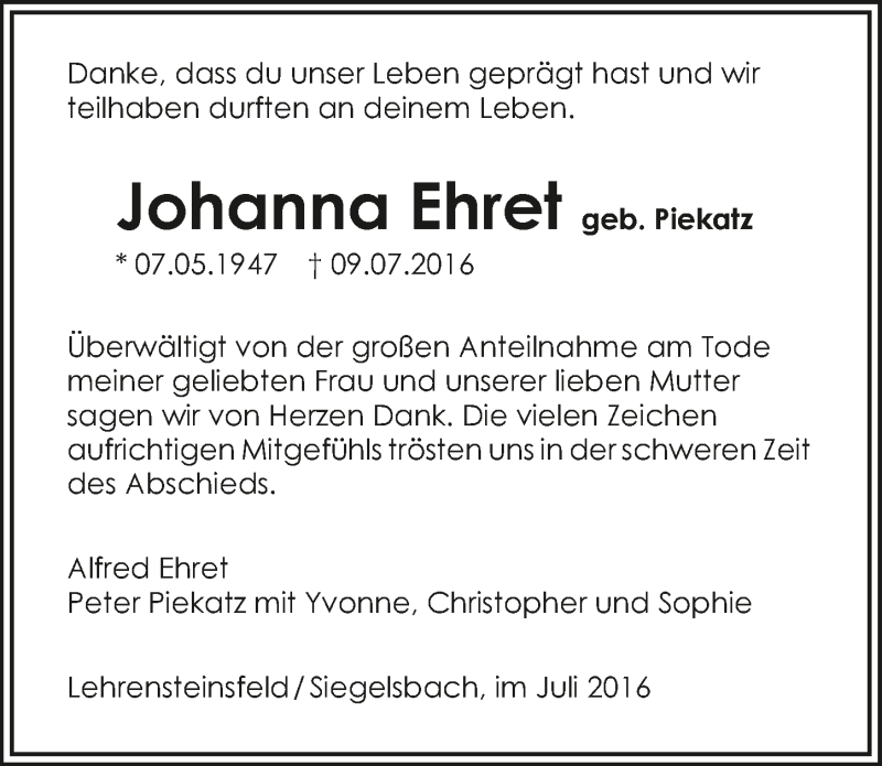  Traueranzeige für Johanna Ehret vom 27.07.2016 aus 
