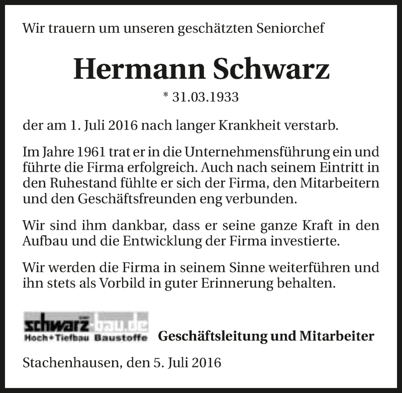  Traueranzeige für Hermann Schwarz vom 05.07.2016 aus 