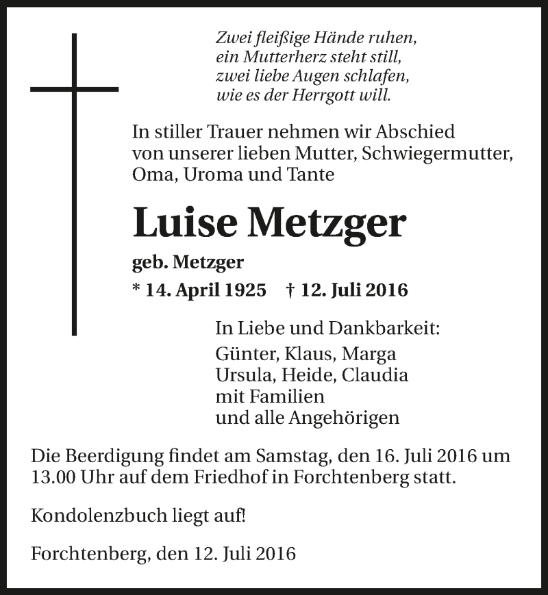  Traueranzeige für Luise Metzger vom 14.07.2016 aus 