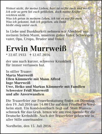 Traueranzeige von Erwin Murrweiß 