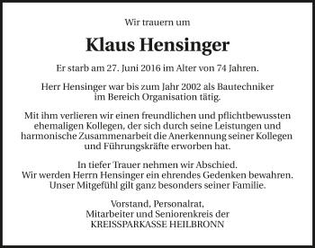 Traueranzeige von Klaus Hensinger 
