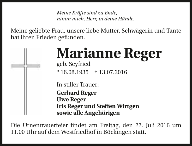  Traueranzeige für Marianne Reger vom 16.07.2016 aus 