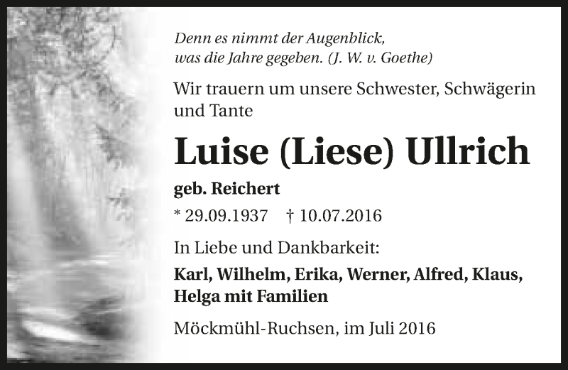  Traueranzeige für Luise Ullrich vom 13.07.2016 aus 
