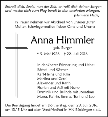 Traueranzeige von Anna Himmler 