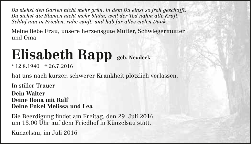  Traueranzeige für Elisabeth Rapp vom 27.07.2016 aus 