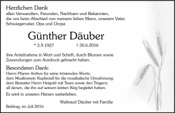 Traueranzeige von Günther Däuber 