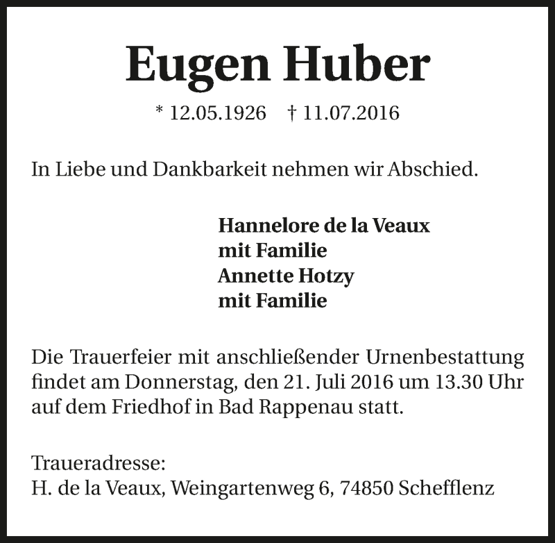  Traueranzeige für Eugen Huber vom 19.07.2016 aus 