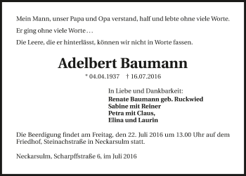 Traueranzeige von Adalbert Baumann 