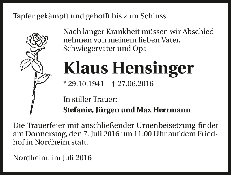  Traueranzeige für Klaus Hensinger vom 04.07.2016 aus 
