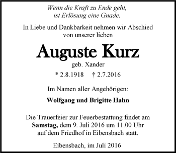 Traueranzeige von Auguste Kurz 