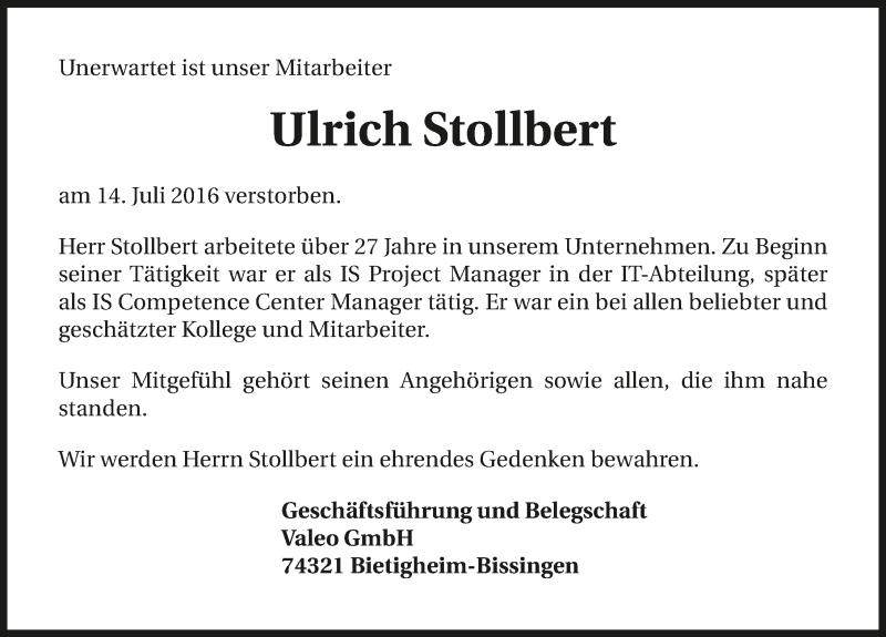  Traueranzeige für Ulrich Stollbert vom 23.07.2016 aus 