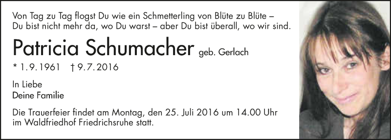 Traueranzeige für Patricia Schumacher vom 16.07.2016 aus 