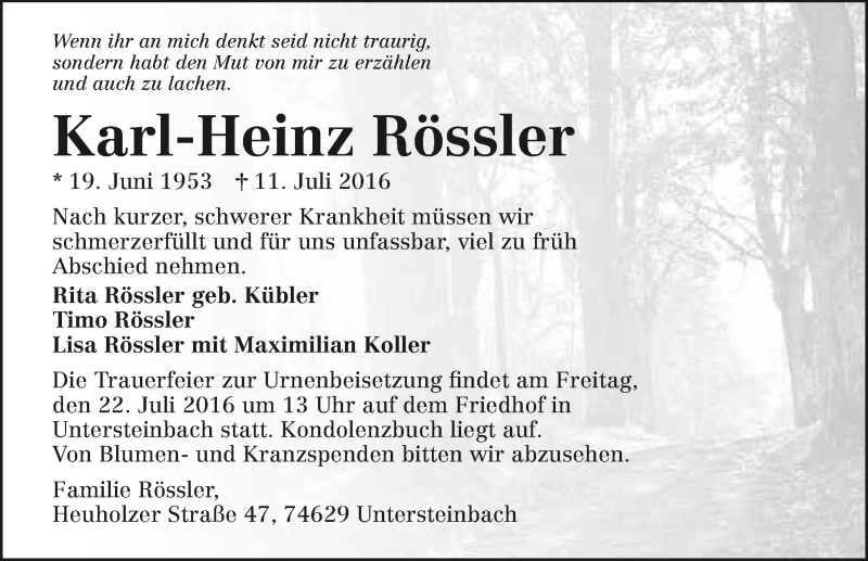  Traueranzeige für Karl-Heinz Rössler vom 16.07.2016 aus 