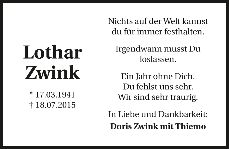  Traueranzeige für Lothar Zwink vom 18.07.2016 aus 